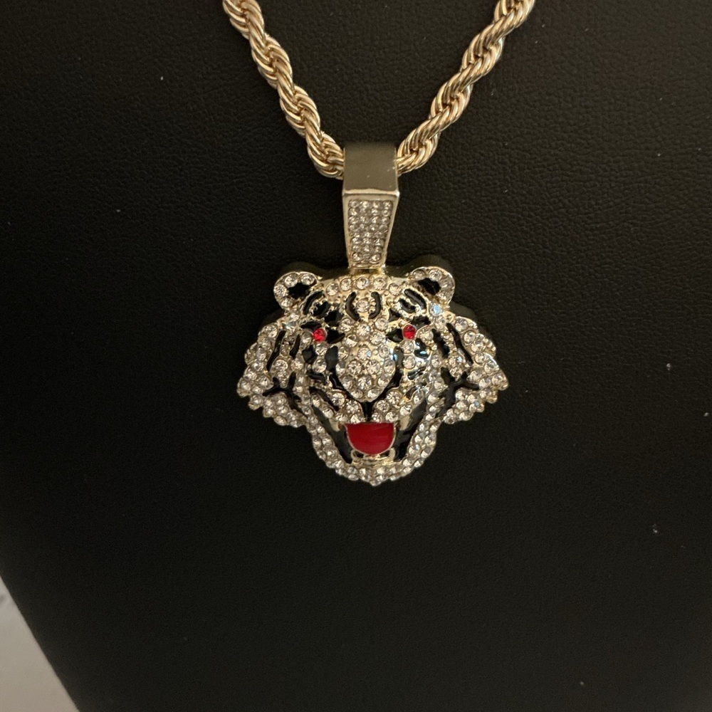 Tiger Rhinestone Bold Gold Tone Pendant Necklace
